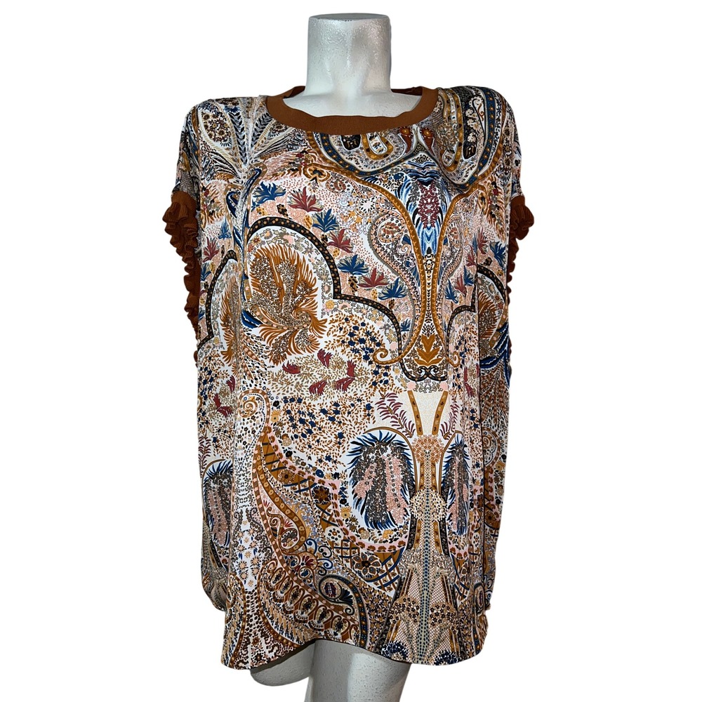 T Tahari Top Woman Size 3X Paisley Print Ruffle Sleeve Boxy Blouse Rust Blue